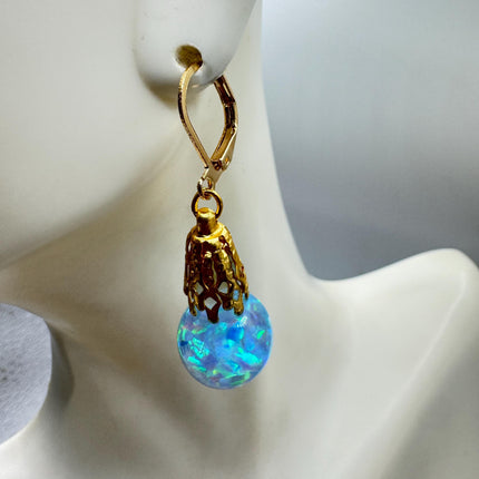 Vintage Black Fire Floating Opal Earrings Gold 925 Sterling Silver Lever backs