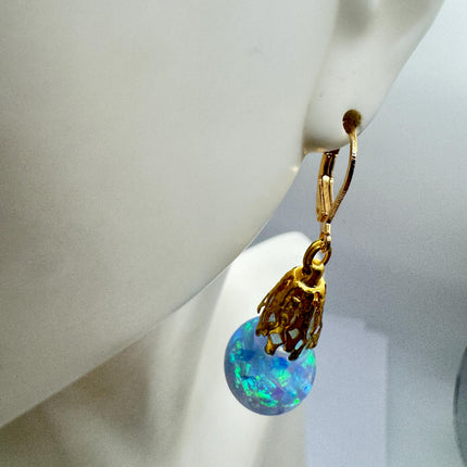 Vintage Black Fire Floating Opal Earrings Gold 925 Sterling Silver Lever backs
