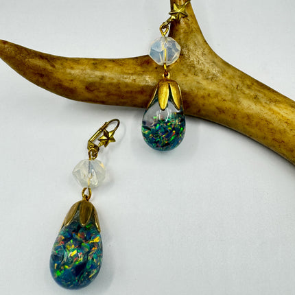 Vintage Black Fire Floating Opal Earrings Gold Bronze Lever backs