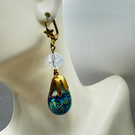 Vintage Black Fire Floating Opal Earrings Gold Bronze Lever backs