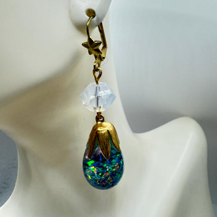 Vintage Black Fire Floating Opal Earrings Gold Bronze Lever backs