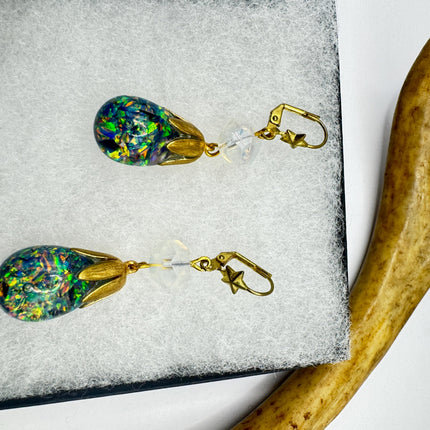 Vintage Black Fire Floating Opal Earrings Gold Bronze Lever backs