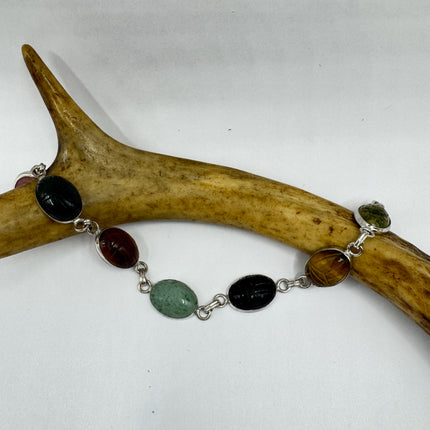 Vintage Mixed Agate Gemstone Scarab Station Bracelet 925 Sterling Silver Stacking Layered