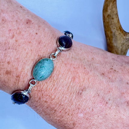 Vintage Mixed Agate Gemstone Scarab Station Bracelet 925 Sterling Silver Stacking Layered