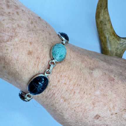 Vintage Mixed Agate Gemstone Scarab Station Bracelet 925 Sterling Silver Stacking Layered