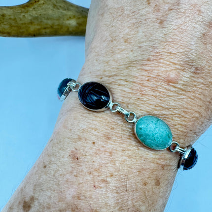 Vintage Mixed Agate Gemstone Scarab Station Bracelet 925 Sterling Silver Stacking Layered