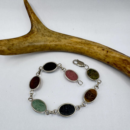 Vintage Mixed Agate Gemstone Scarab Station Bracelet 925 Sterling Silver Stacking Layered