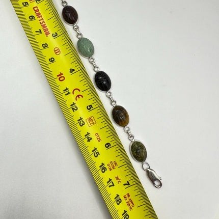 Vintage Mixed Agate Gemstone Scarab Station Bracelet 925 Sterling Silver Stacking Layered