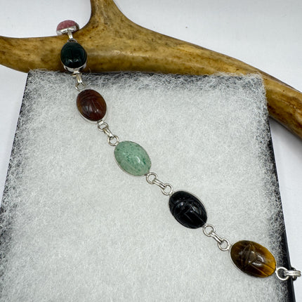 Vintage Mixed Agate Gemstone Scarab Station Bracelet 925 Sterling Silver Stacking Layered