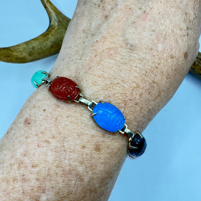 Vintage Gemstone Scarab Bracelet Gold Filled Egyptian Revival