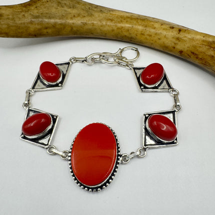 Vintage Red Glass Silver Toggle Bracelet Silver Bronze