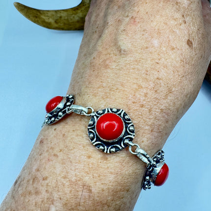 Vintage Red Glass Silver Toggle Bracelet Silver Bronze