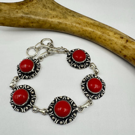 Vintage Red Glass Silver Toggle Bracelet Silver Bronze