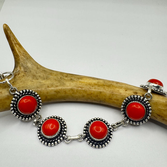 Vintage Red Glass Silver Toggle Bracelet Silver Bronze