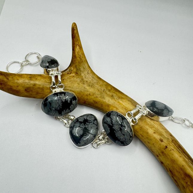 Vintage Snowflake Obsidian Black Toggle Bracelet Silver Bronze
