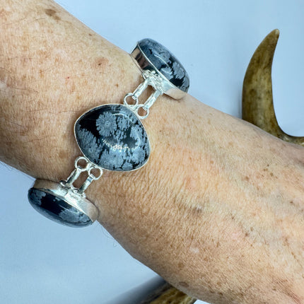 Vintage Snowflake Obsidian Black Toggle Bracelet Silver Bronze