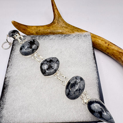 Vintage Snowflake Obsidian Black Toggle Bracelet Silver Bronze