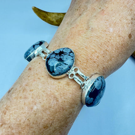 Vintage Snowflake Obsidian Black Toggle Bracelet Silver Bronze