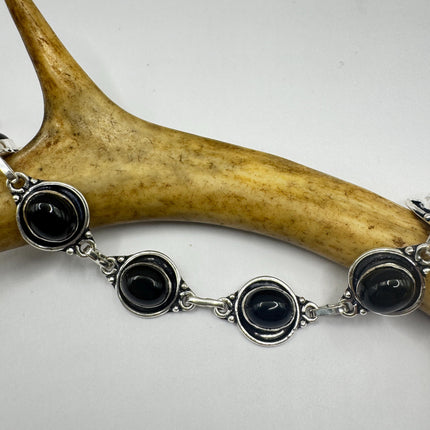 Vintage Black Onyx Toggle Bracelet Silver Bronze