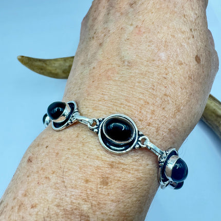 Vintage Black Onyx Toggle Bracelet Silver Bronze