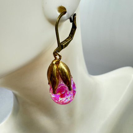 Vintage Pink Fire Floating Opal Earrings Gold Bronze Lever backs