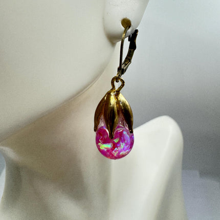 Vintage Pink Fire Floating Opal Earrings Gold Bronze Lever backs