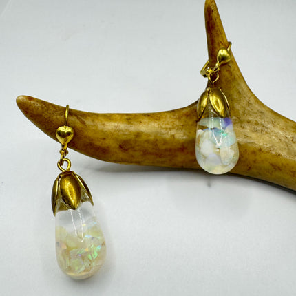 Vintage White Fire Floating Opal Earrings Gold Bronze Lever backs