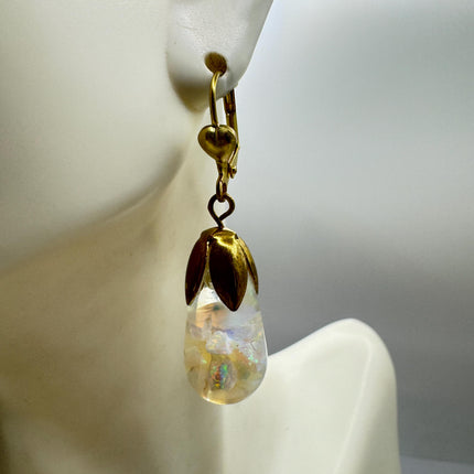 Vintage White Fire Floating Opal Earrings Gold Bronze Lever backs
