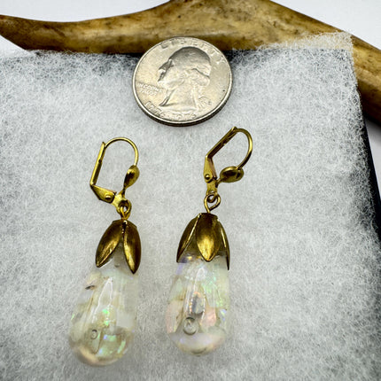 Vintage White Fire Floating Opal Earrings Gold Bronze Lever backs