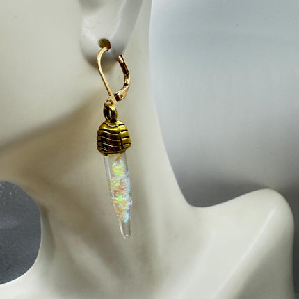 Vintage White Fire Floating Opal Earrings Gold Bronze Lever backs