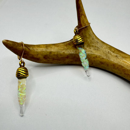Vintage White Fire Floating Opal Earrings Gold Bronze Lever backs