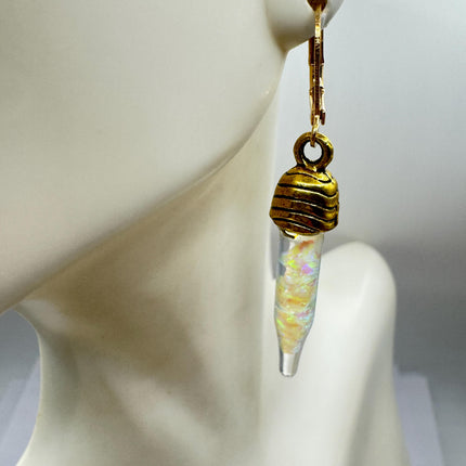 Vintage White Fire Floating Opal Earrings Gold Bronze Lever backs