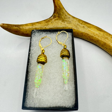 Vintage White Fire Floating Opal Earrings Gold Bronze Lever backs
