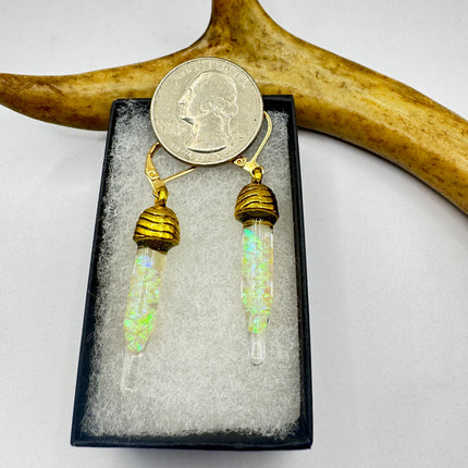 Vintage White Fire Floating Opal Earrings Gold Bronze Lever backs