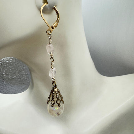 Vintage White Fire Floating Opal Earrings Gold 925 Sterling Silver Lever backs