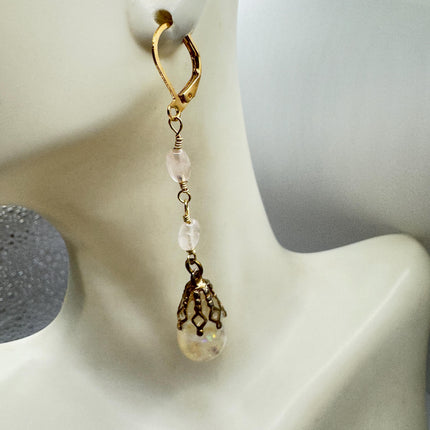 Vintage White Fire Floating Opal Earrings Gold 925 Sterling Silver Lever backs