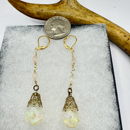 Vintage White Fire Floating Opal Earrings Gold 925 Sterling Silver Lever backs