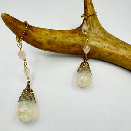 Vintage White Fire Floating Opal Earrings Gold 925 Sterling Silver Lever backs