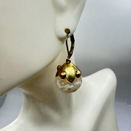Vintage White Fire Floating Opal Earrings Gold Bronze Lever backs