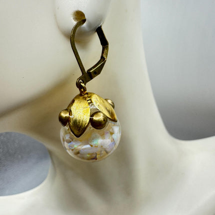 Vintage White Fire Floating Opal Earrings Gold Bronze Lever backs