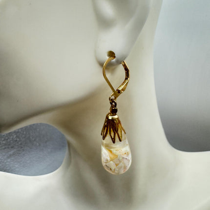Vintage White Fire Floating Opal Earrings Gold Bronze Lever backs