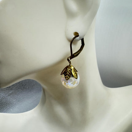 Vintage White Fire Floating Opal Earrings Gold Bronze Lever backs