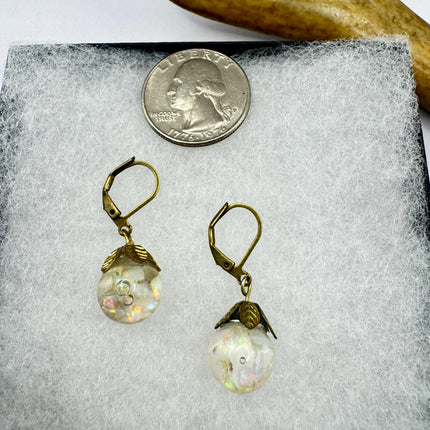 Vintage White Fire Floating Opal Earrings Gold Bronze Lever backs