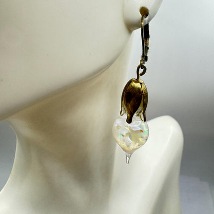 Vintage White Fire Floating Opal Earrings Gold Bronze Lever backs