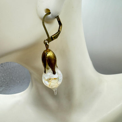 Vintage White Fire Floating Opal Earrings Gold Bronze Lever backs