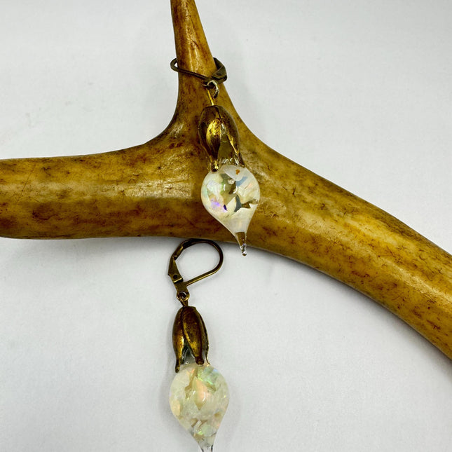 Vintage White Fire Floating Opal Earrings Gold Bronze Lever backs