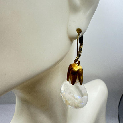 Vintage White Fire Floating Opal Earrings Gold Bronze Lever backs