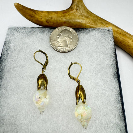 Vintage White Fire Floating Opal Earrings Gold Bronze Lever backs