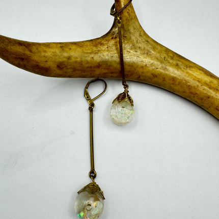 Vintage White Fire Floating Opal Earrings Gold Bronze Lever backs