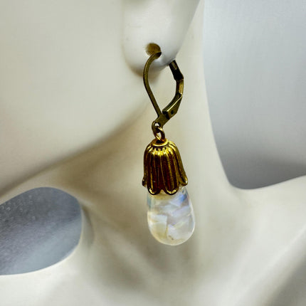Vintage White Fire Floating Opal Earrings Gold Bronze Lever backs